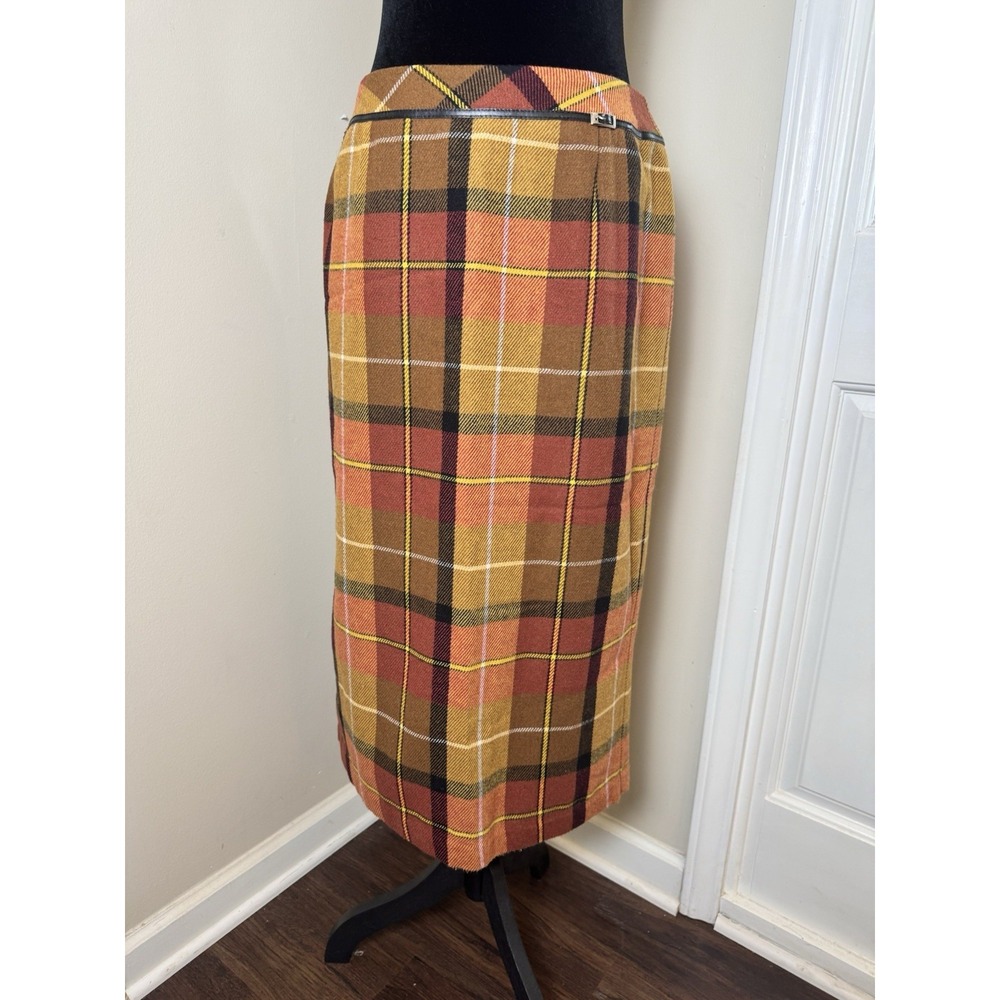 Worthington Petite Plaid Wool Blend Maxi Skirt Orange Yellow Brown‎ Size 10P